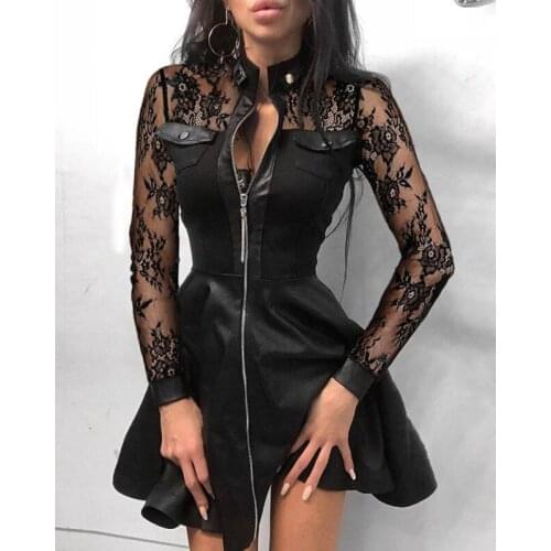 Autumn Zipper Pockets PU Leather Dress Women Sexy Lace Mesh Sleeve Patchwork Party Dress Elegant Stand Neck Button Mini Dresses