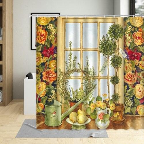 Pastoral Oil Painting Style Shower Curtain Flower Farmhouse Vintage Rural Ldyllic Scenery Decor Screen Waterproof Bath Curtains
