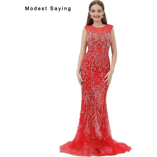 Luxury Sheer Red Mermaid Beaded Christmas Evening Dresses 2017 with Rhinestone Engagement Party Prom Gown vestido longo de festa