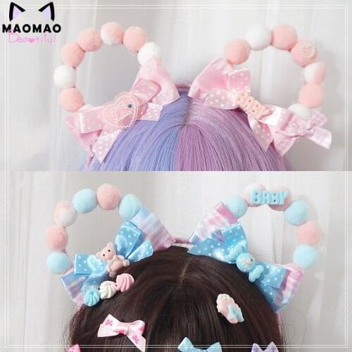 Hand Made Cute Bear Ear Plush Ball KC Multi-color Lolita Sweet Department Head Hair Bands