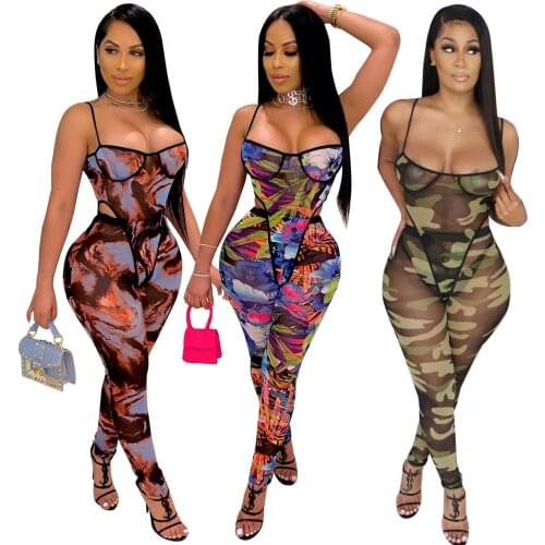 Sexy Sleeveless Club Outfit See Through Mesh 2 Pieces Sets Women Spaghetti Strap Bodysuit Top + Long Skinny Pants Party Clubwear