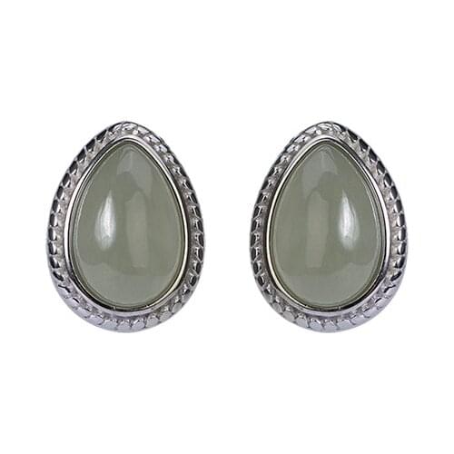 S925 sterling silver natural Hetian gray jade stud earrings simple personalized all-match drop-shaped womens silver earrings