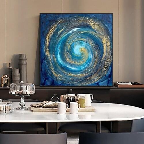 Hand Painted Modern Vortex Picture Blue Abstract Circle Oil Painting Canvas Cosmic Galaxy Wall Art Home Decor For Living Room