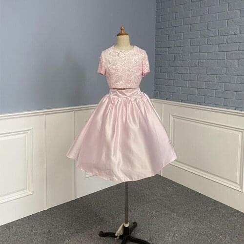 In Stock Two Pieces Flower Girl Dress O Neck Short Sleeves Lace Satin Girls Formal Gown 24 Hours Shipping