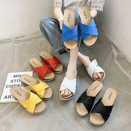 Womens Slippers Summer New Fashion Thick Sole Slope Heel Cross Sandals Plus Size European And American Leisure Outdoor Slippers