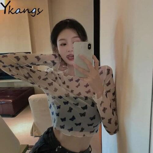 Women Butterfly Mesh Perspective Long Sleeve Fashion Goth T-shirts Casual Harajuku Korean Streetwear Transparent Tops Female New