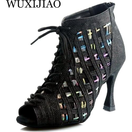 WUXIJIAO Latin dance high boots shoes soft sole shoes salsa ballroom ladies mesh dance shoes Cuba high heels 9CM