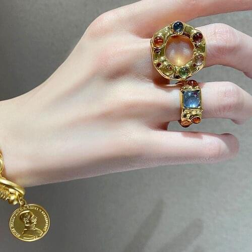 Women JewelryBrass Geo Rhinestoned Statement Rings Chic Punk Gothic Boho Hiphop Runway Party Designer Japan Korean Ins Hot