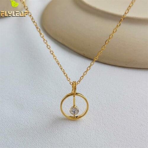 Real 925 Sterling Silver Necklace For Women Geometric Circle Zircon Necklaces & Pendants 18k Gold Chain Fine Jewelry Flyleaf