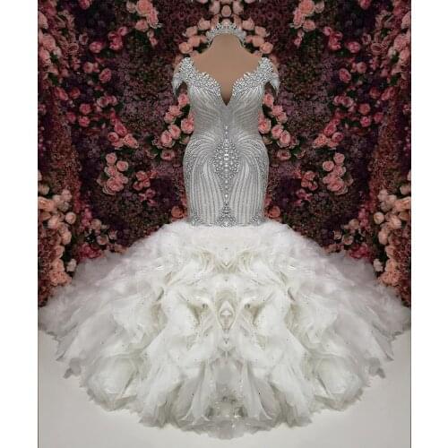Royal Crystal Mermaid Wedding Dresses Beading Ruffles Court Train Appliqued Bridal Gowns Backless Robe De Mariée 2020