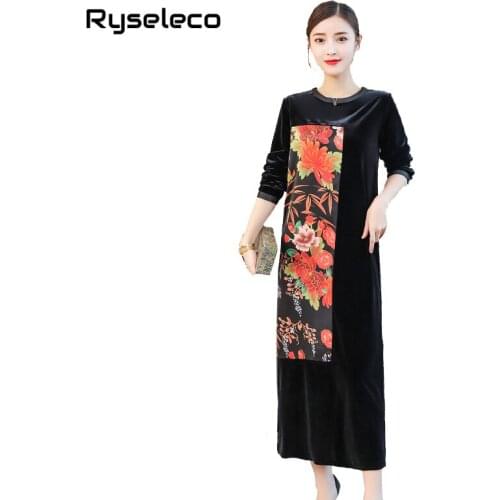 Women Vintage Floral Prints Patchwork Velvet Dresses Elegant Vintage Chinese Style Long Sleeve Straight Casual Plus size Dress