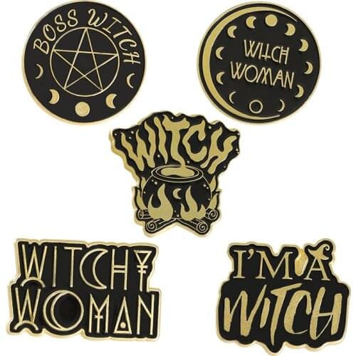 Witch Woman Enamel Pins Black Wizard Divination Brooch Lapel Badge Bag Dark Black Fire Jewelry Gift for Friends Wholesale