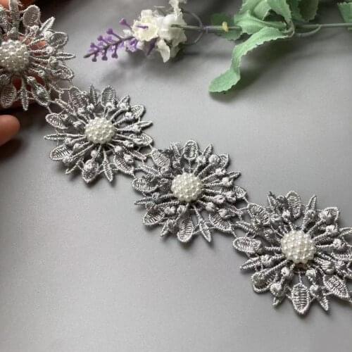 10x Gray Pearl Handmade Beaded Flower Embroidered Lace Trim Ribbon Double Layered Applique Dress DIY Sewing Craft 5cm New
