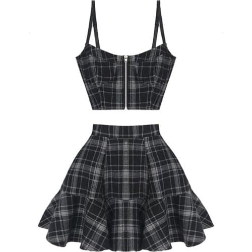 Black Gothic Two Pieces Set Women Plaid Summer 2 Piece Plaid Crop Top + High Waist Mini Skirt Punk Streetwear Skirts Sundress