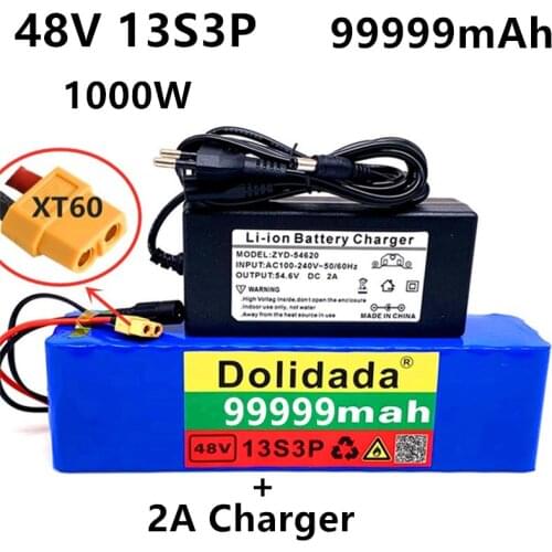48V99999Ah 1000w 13S3P XT60 48V Lithium ion Battery Pack 99999mah For 54.6v E-bike Electric bicycle Scooter with BMS+charger
