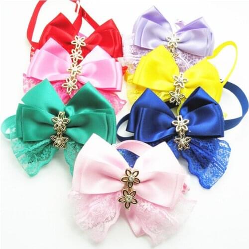 50PC/Lot Solid Colors Dog Cat Bow Ties Pet Dog Grooming Accessories Ribbon Dog Neckties With Lace Pet Supplies