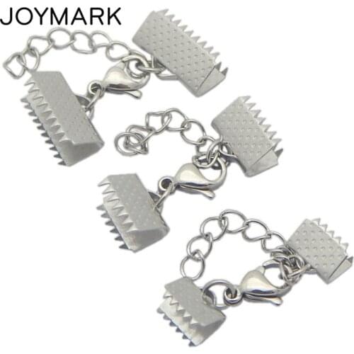 7 Sizes Stainless Steel Ribbon Ends Clip Foldover Crimp Beads Leather Cord End Caps With Lobster Clasp Extended Chain BXGC-183