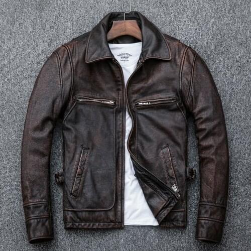 Free shipping,Asian plus size mens genuine leather jacket,vintage brown casual cowhide coat,Brand new slim motor jackets.sales