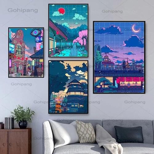 Canvas Painting Wall Art Hd Cartoon View Street Prints Poster Home Decoration Night Tree Cute Painting for Living Room Decor