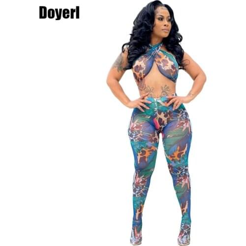 Sexy Mesh See Through Two Piece Set Women Summer Halter Bandage Crop Top Print Foot Pants Leggings Set Club Outfits for Women