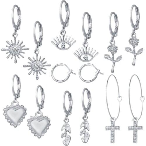 83XC 7 Pairs Crystal Cross Eye Heart Star Hoop Dangle Earrings Set Flower Leaves Huggie Drop Earrings Women Fashion Jewerly