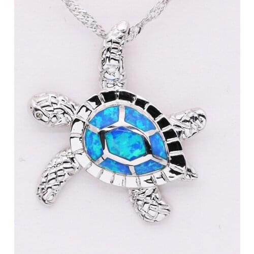 Cute Turtle Shape Blue Opal Pendant With Chain Silver Plated Fashion Jewelry OP002