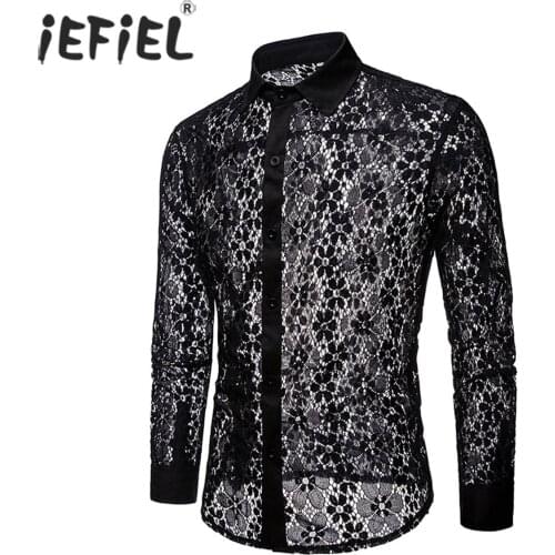Men Fashion See-through Floral Lace Shirt Long Sleeve Turn-down Collar Button Shirts Male Solid Cardigan T-shirts Casual Wear