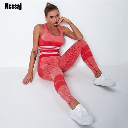 Nessaj Women Seamless Mesh Set Fitness Clothing High Waist Gym Leggings+Padded Push Up Sports Top Running Sports Wear Tracksuit