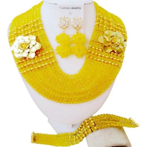 Nigerian Wedding African Beads Yellow Jewelry Set Crystal Beaded Necklace Costume Jewelry
