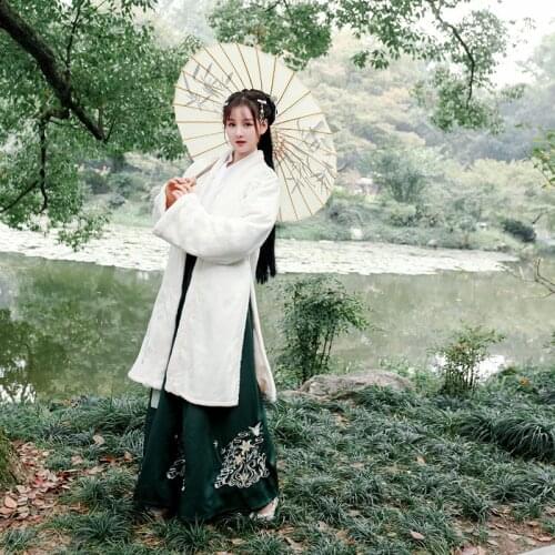 New style womens clothing ancient style Plush embroidered long body coat Han element waist length skirt Hanfu suit