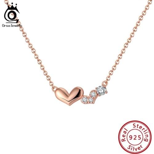 ORSA JEWELS Real Sterling 925 Silver Necklaces AAAA Zircon Heart Shape Fixed Trendy Pendant Chain Jewelry For Female SEQN13