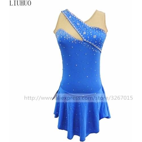 Figure Skating Dress Womens Girls' Ice Skating Dress Blue high elastic spandex fabric Sleeveless style White blue water drill