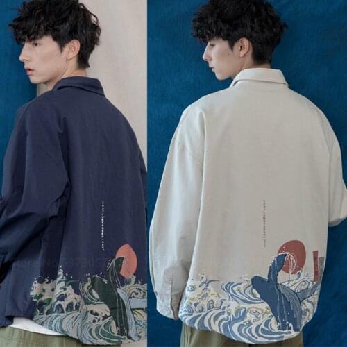 Japanese style shirt man woman vintage casual Whale printing haori harajuku streetwear loose long sleeve clothing Asian fashion