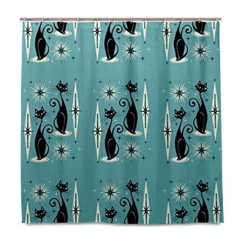 Mid Century Meow Retro Atomic Cats On Blue Bathroom Shower Curtain Waterproof Shower Curtains Home Decorative