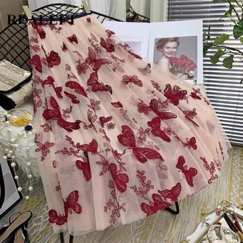 REALEFT Spring Autumn New 2020 Butterfly Embroidery Tulle Womens Long Skirts High Waist Chic A-Line Umbrella Mesh Skirt Female