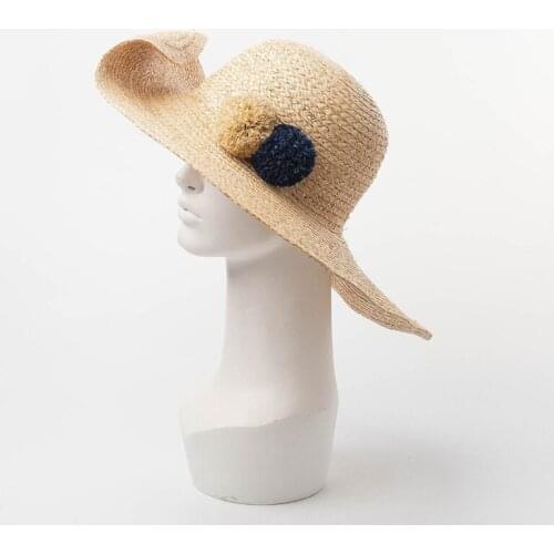 01901-HH7276 summer natural handmade RAFFIA POMPON beach leisure lady SUN cap women HOLIDAY straw hat