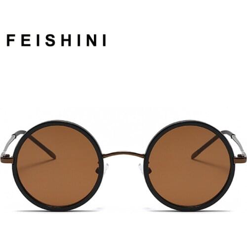 FEISHINI Vintage Cool Fashion SteamPunk Style Round Sunglasses Women Leather Side Shield DO Brand Design Sun Glasses Men Yellow