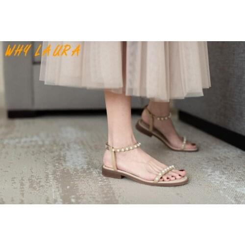 Womens Flip-Flop Summer 2021 Womens Pearl Flat Shoes Womens Casual Sewing Beach Round Toe Slipper Sandal