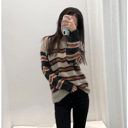 Top Wool Blend Contrast Striped Knit Sweater Jumper - Ladies Stylish Round Neck Knitting Pullover Top