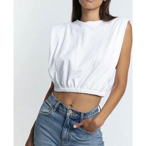 2021 Summer Women Cropped Top Sleeveless Women Sexy T Shirts Solid Color High Waist Women O-Neck White Tees Female Streetwear