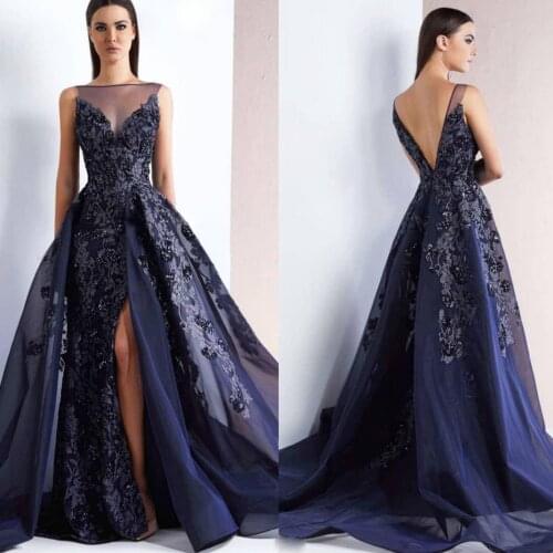 2020 New Navy Blue Long Evening Dress Sexy Open Back Side Split Organza Mermaid Prom Dresses Lace Appliques Beads Formal Gowns