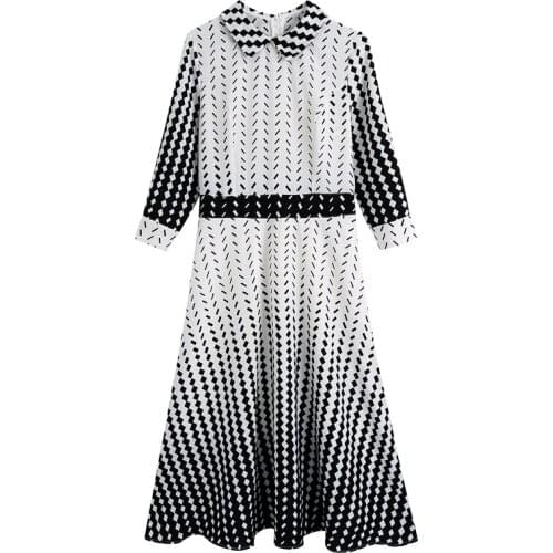 New Women 2021 Fashion Geometric Print Office Wear Midi Dress Vintage Three Quarter Sleeve Back Zipper Female Dresses Mujer