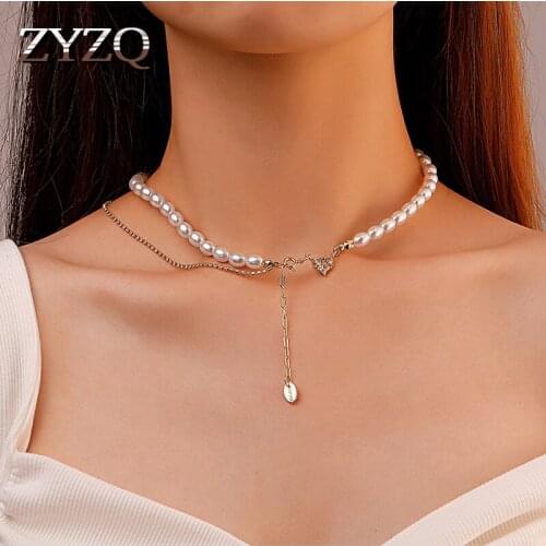 ZYZQ Sweet Imitation Pearl Choker Necklace for Women Vintage Heart Pendant Necklace Trendy Rhinestone Female Jewelry