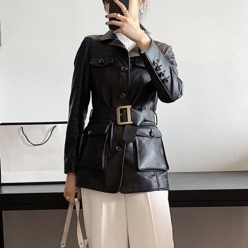 Genuine Leather Coat Women with Belt Real Sheepskin Coat Long Sleeve Leather Coat gl0129