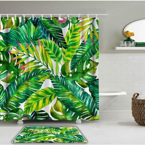 2Pcs/Set Green Plant leaves leaf Bathroom Curtain Set Waterproof Fabric Shower Curtains with Hooks Non-Slip Rug Toilet Bath Mat