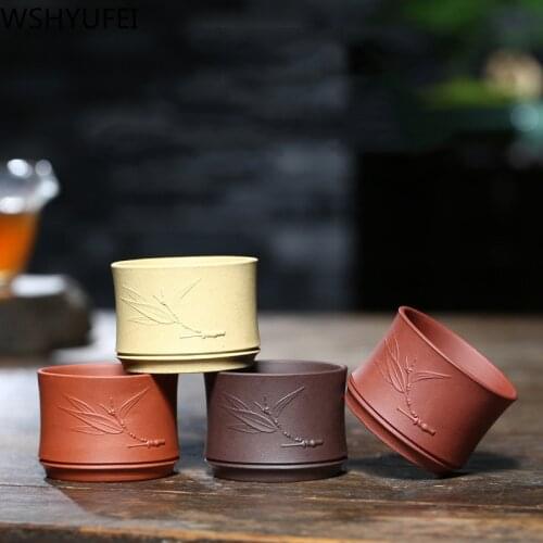 Purple clay teacup Yixing Handmade Bamboo leaf small Tea cup Tea set Drinkware Chinese Retro Master Teacup Personal Single Cup