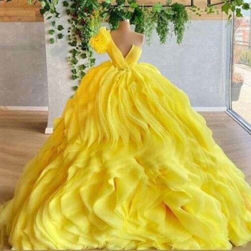 Yellow One Shoulder Ball Gown Prom Dresses Draped Style Long Evening Gowns Saudi Arabia Robe De Soiree Custom Made
