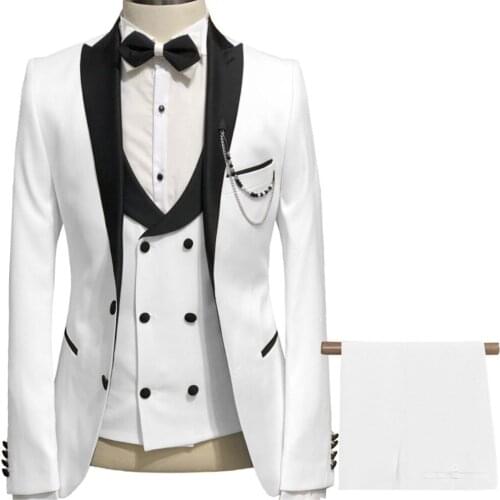 Brand New Men Suits White and Black Groom Tuxedos Peak Lapel Groomsmen 3 Pieces Set ( Jacket+Pants+Vest+Bow Tie ) D337