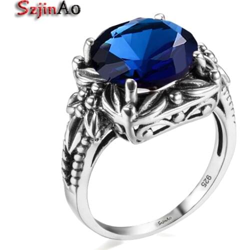 Szjinao Exquisite Decorative Pattern Romantic Lover Dark Blue Stone Sapphire Ring Adorn Article Antique 925 Sterling Silver Ring