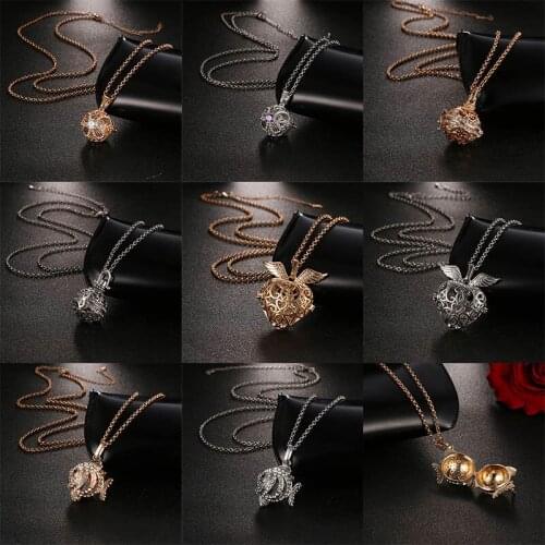 Fashion Mexico Chime Hollow Zircon Vintage Necklace Jewelry Music Ball Essential Oil Pregnancy Heart-Shaped Angel Wings Necklace